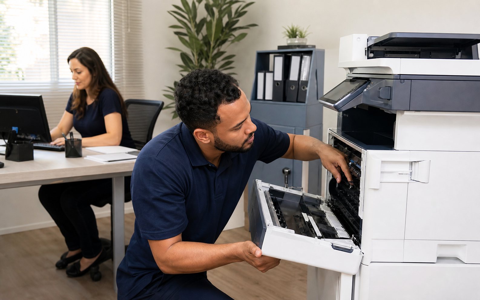 Especialista realizando atendimento em uma impressora empresarial — imagem ilustrativa