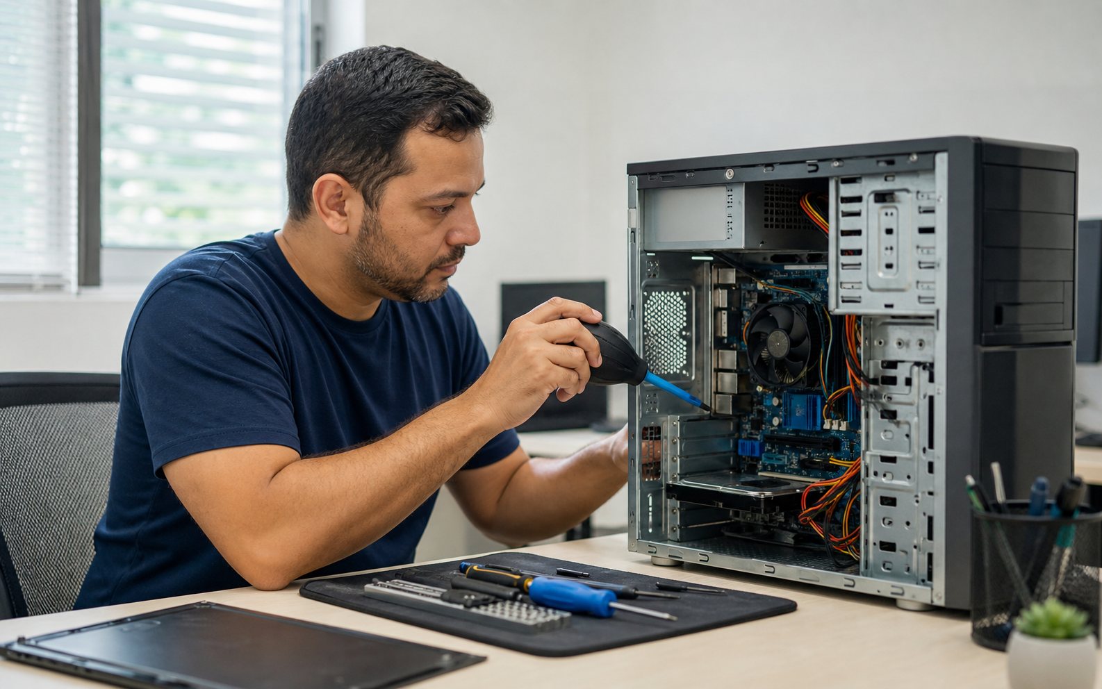 Técnico realizando manutenção preventiva em um computador — imagem ilustrativa